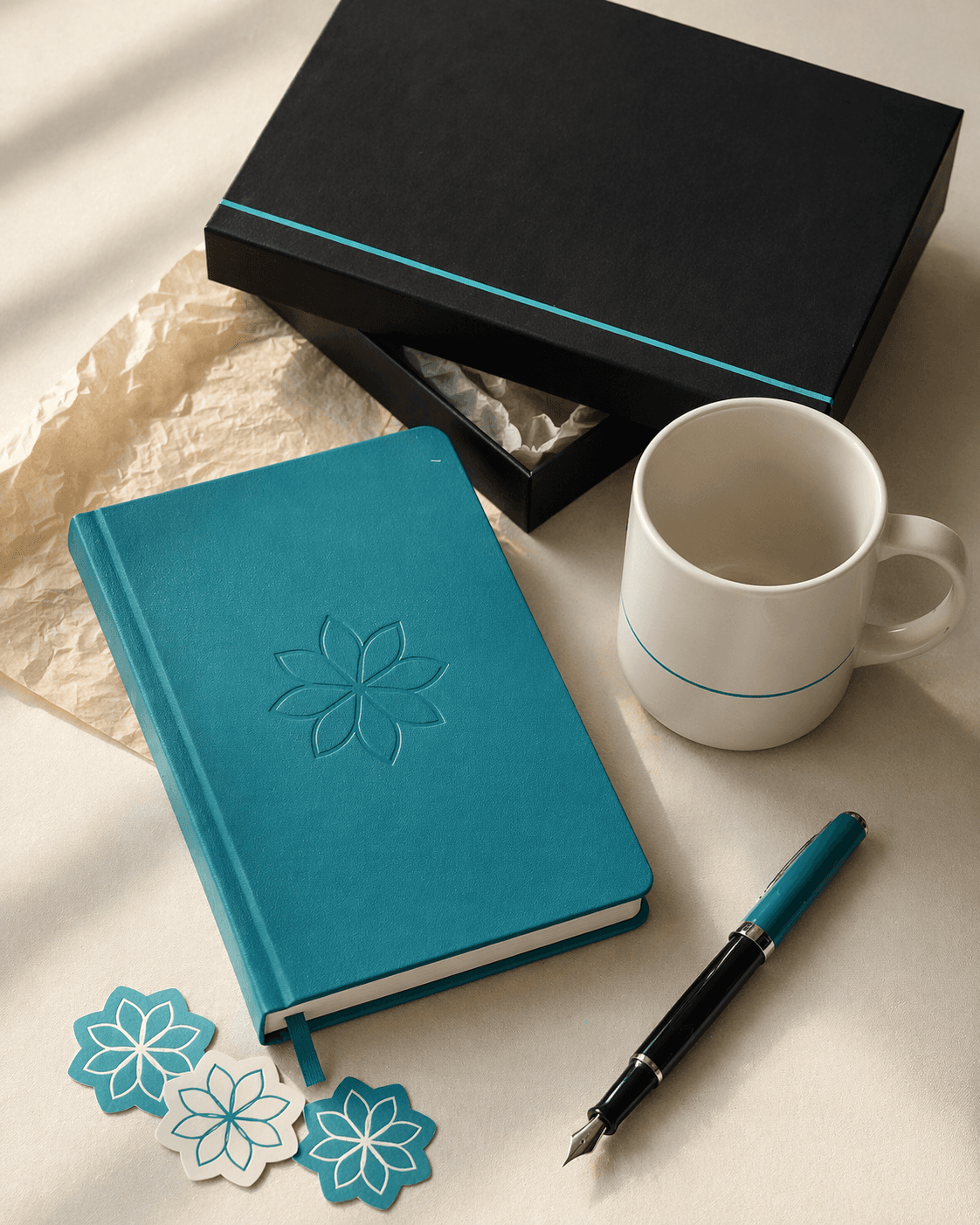 Lantana Labs premium brand kit — notebook, mug, gift box and stationery